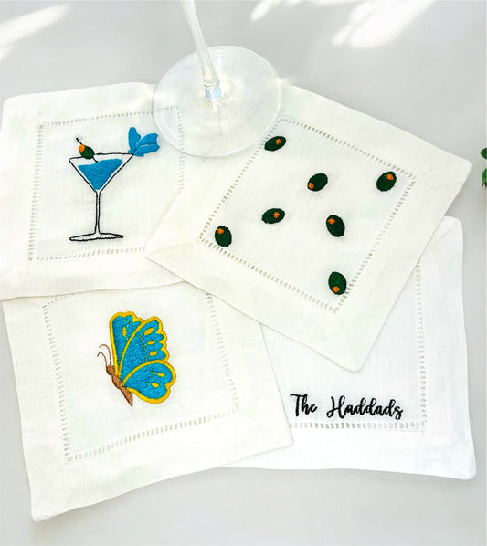 Personalize Embroidered Linen Cocktail Napkin